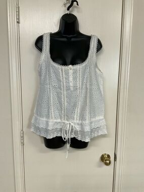 Dorothee Bis White Eyelet Lace-Trim Drawstring Camisole